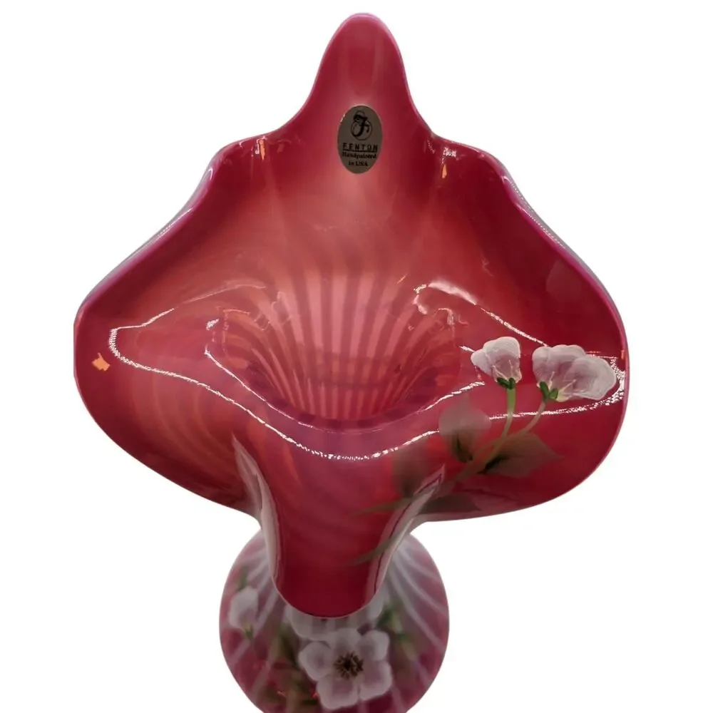 FENTON CRANBERRY OPAL RIBBED OPTIC DECORATED JIP VASE MUSEUM COLL SIGNED